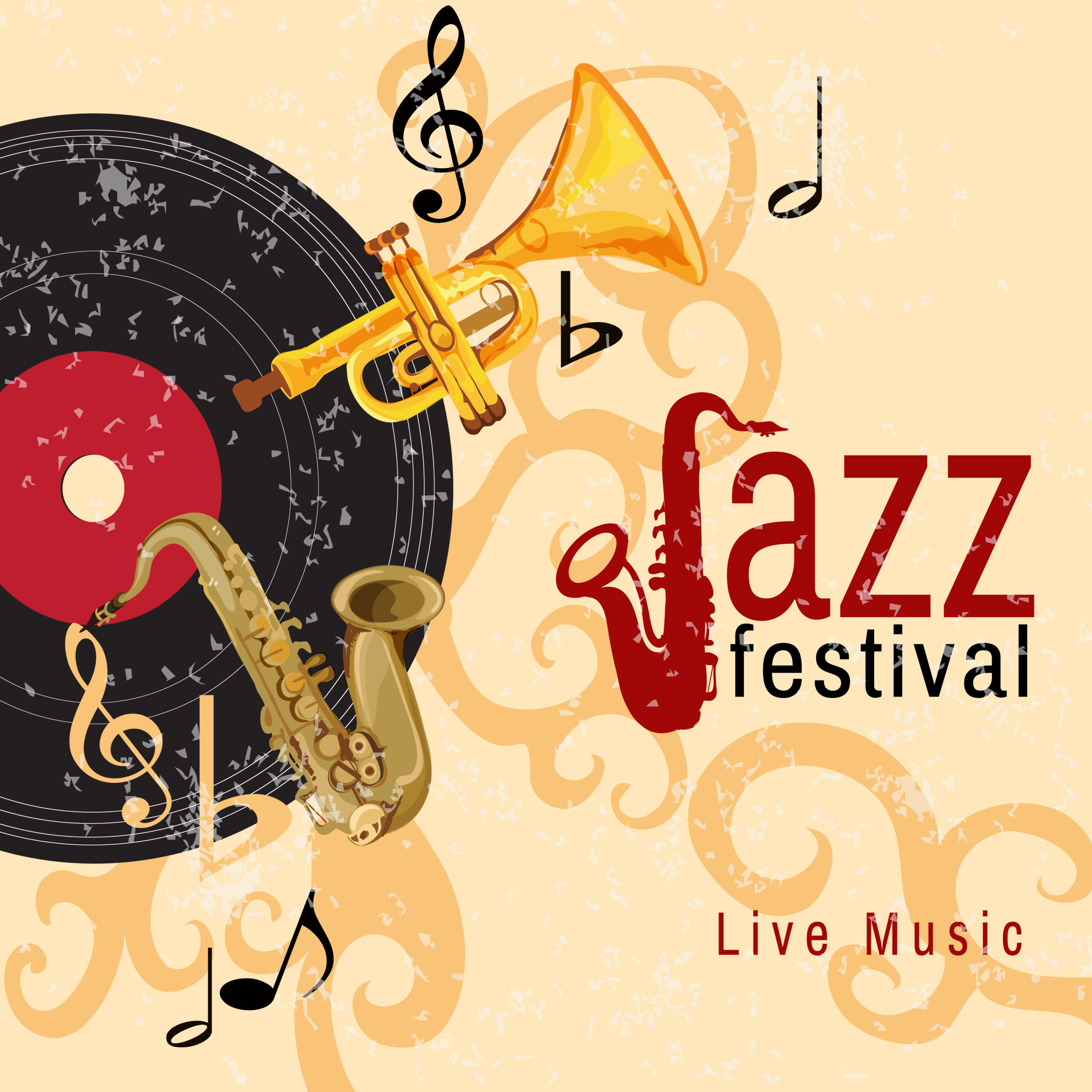 Jazz retro music festival concert live horn performance poster with black vinyl gramophone record abstract vector illustration